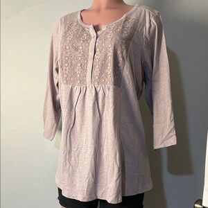 LOGO by Lori Goldstein 100%Cotton  Women Top Tunic with Lace Gray/Purple Sz 1X
